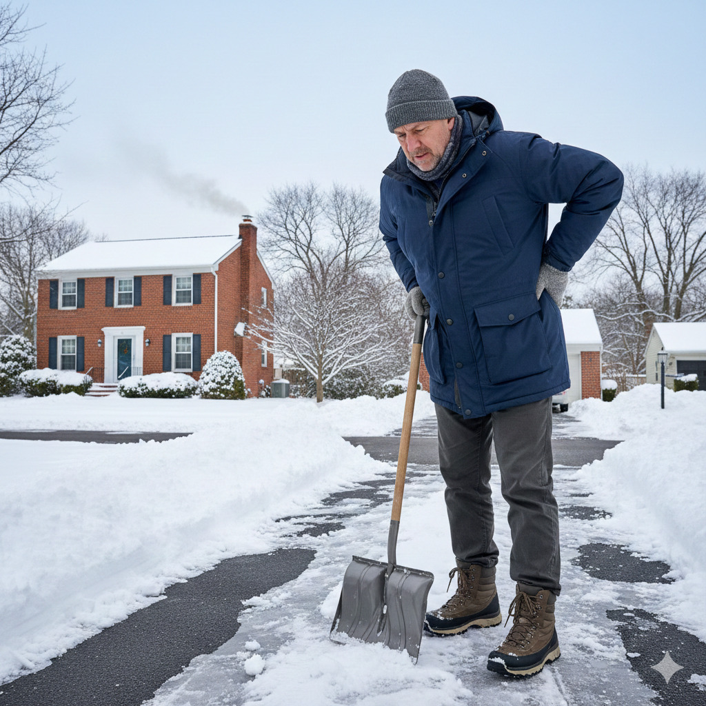 man holding a sore back after shoveling snow, ai generated