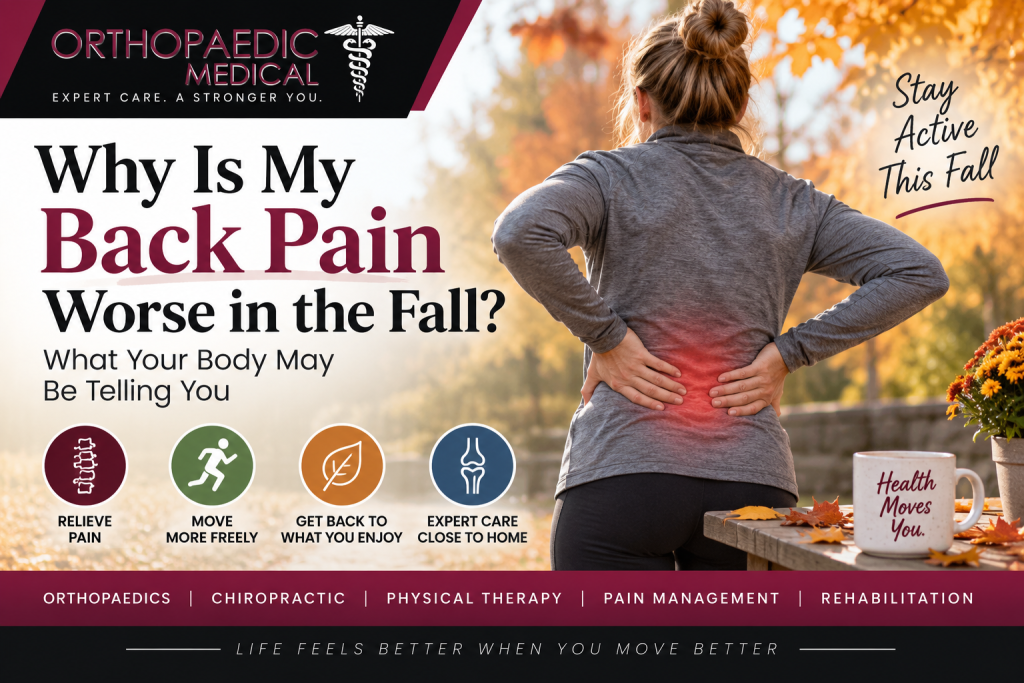 Woman holding her lower back outdoors in autumn, with highlighted back pain and Orthopaedic Medical branding promoting care for back pain, mobility, and rehabilitation.